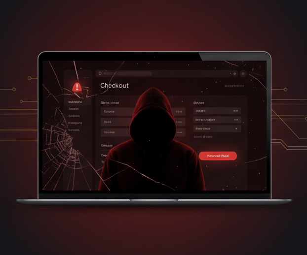 Laptop showing a fake online shop checkout page behind cracked glass, with a hooded figure, illustrating a cloned website card harvesting scam